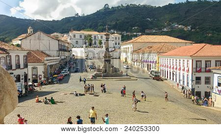 March 25, 2016, Historic City Of Ouro Preto, Minas Gerais, Brazil, Tiradentes Square, With Monument 