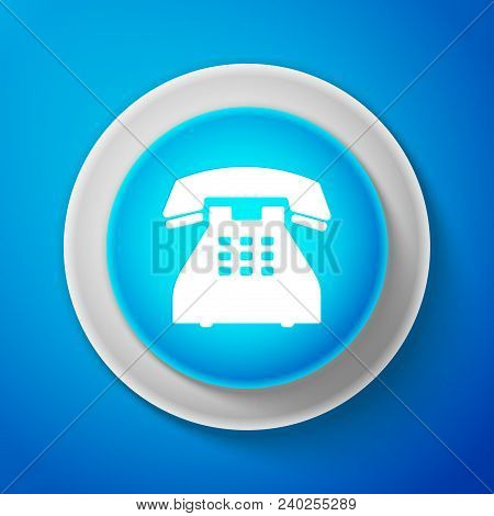 White Telephone Icon Isolated On Blue Background. Landline Phone. Circle Blue Button With White Line