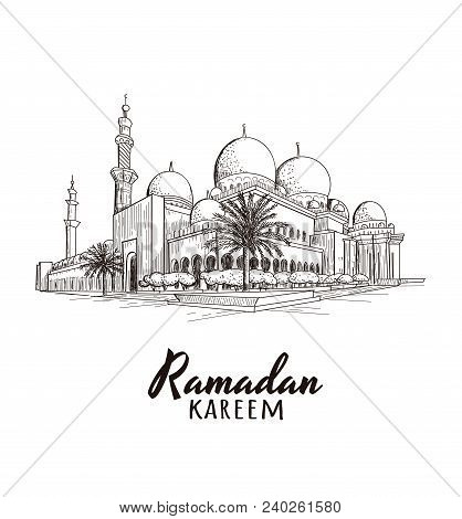 Ramadan Kareem Text With Mosque. Vector Illustration. Ramadan Mosque Skech