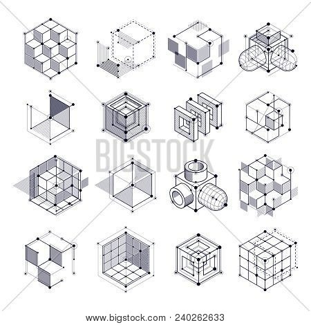 Geometric Technology Vector Black And White Drawings Set, 3d Technical. Illustration Of Engineering 