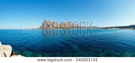 San Vito Lo Capo Beach With Clear Azure Water And Monte Monaco In Far, North-western Sicily, Italy. 