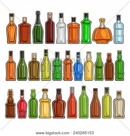 Vector Set Of Different Bottles, 30 Full Glass Containers With Colorful Premium Alcohol Drinks Vario