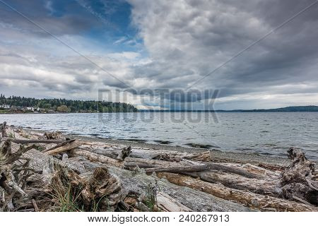 Dark Storm Clouds Hover Over A Green Meadow In Normany Park, Washington.
