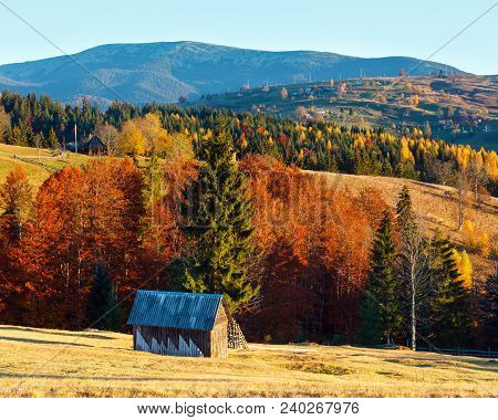 Morning Carpathian Mountains And Village Hamlets On Slopes (yablunytsia Village And Pass, Ivano-fran