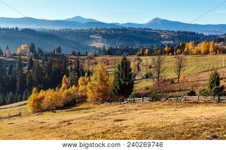 Morning Carpathian Mountains And Village Hamlets On Slopes (yablunytsia Village And Pass, Ivano-fran