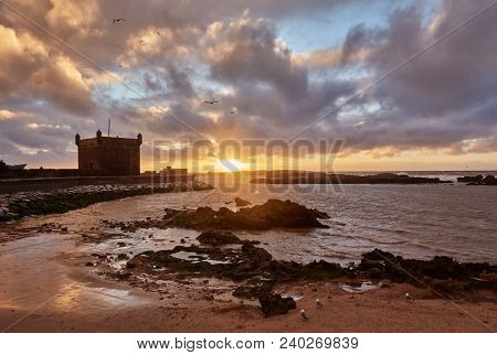 Dramatic Amazing View Of The Old Fort Of Essaouira At Sunset, Morocco