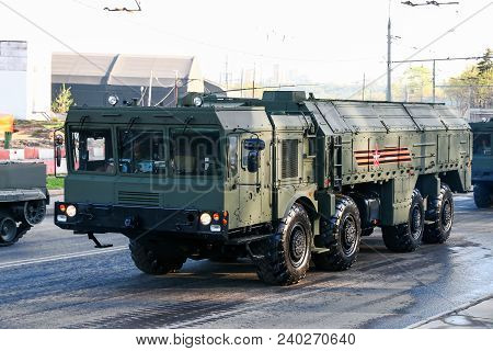 Moscow, Russia - May 3, 2018: Mobile Theater Ballistic Missile System 9k720 Iskander At The Annual V