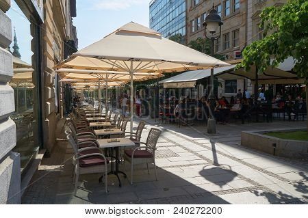 Belgrade, Serbia - May 01, 2018: Outdoor Cafe With Sun Shades On Kralja Petra Street.