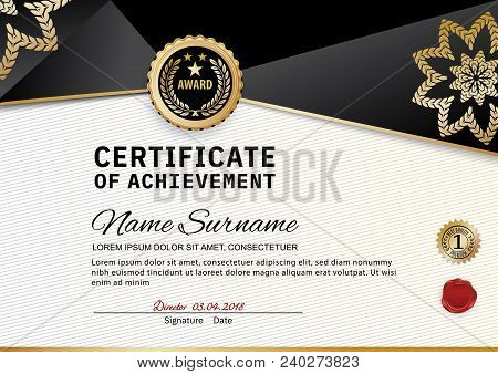 Creative Luxury Certificate Of Appreciation Award Template With Black And Golden Shapes And Badge, W