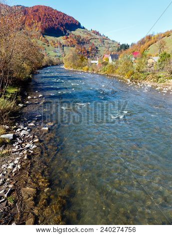 Autumn Carpathian Mountain White Tysa River Landscape With Multicolored Yellow-orange-red-brown Tree