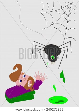 Man With Spider Hanging In Cobwebs Cartoon