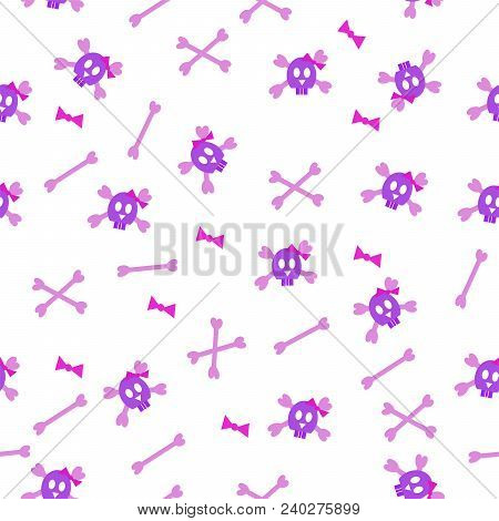 Seamless Purple Skull Girl Pattern On White Background