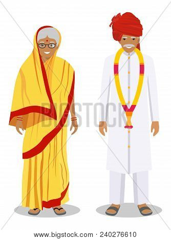 Detailed Illustration Of Standing Old Indian People In The Traditional National Indian Clothing Isol