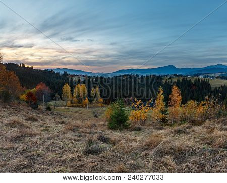 Evening Twilight Carpathian Mountains And Village Hamlets On Slopes (yablunytsia Village And Pass, I