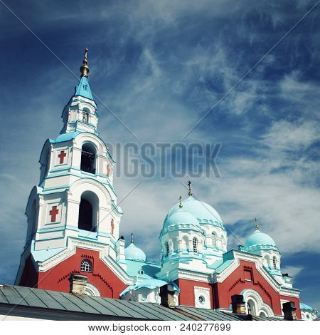Spaso-preobrazhensky Cathedral Of Valaam Monastery. View From Below. Sunny Summer Day. Aged Photo.  