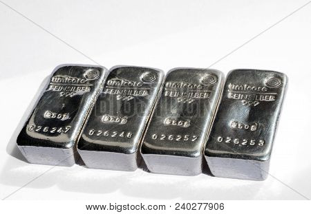 Kyiv, Ukraine - August 19, 2017:  Four Of Cast Silver Bars Weighing 250 Grams Each Produced By The G