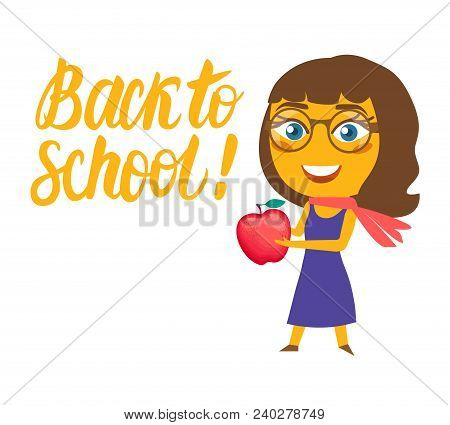Back To School. Vector Smiling Cartoon Teacher And Lettering Inscription Isolated On White Backgroun