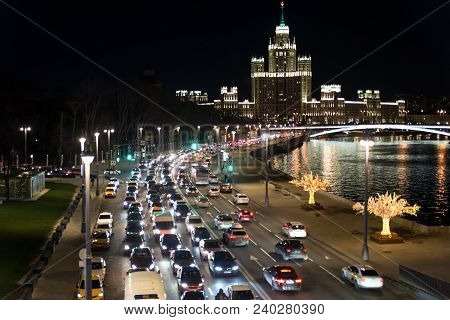 Moscow, Russia. The View On Stalin Skyscraper On The Kotelnicheskaya Embankment.