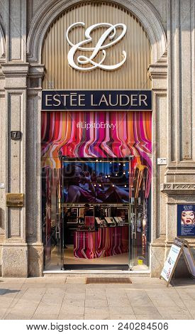 Milan, Italy - April 07, 2018: Entrance In Estee Lauder Cosmetics Store On Shopping Street Of Milan.
