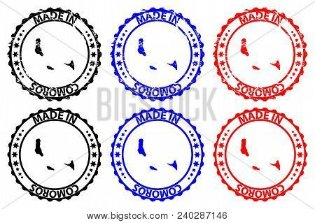 Made In Comoros - Rubber Stamp - Vector, Union Of The Comoros Map Pattern - Black, Blue And Red