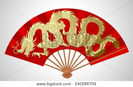 Red chinese fan with gold decorative gragon isolated on white