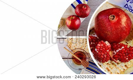 Pomegranate, Apple And Honey Jewish New Year Celebration, Shofar And Tallit Traditional Food Of Rosh