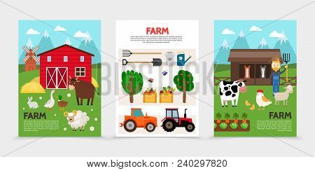 Flat Farm And Agriculture Posters With Animals Barn Hay Windmill Shovel Forks Watering Can Tractors 
