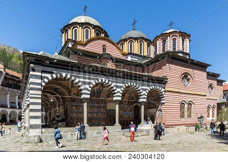 Rila Monastery, Bulgaria - April 21, 2018: Tourists Visiting Monastery Of Saint Ivan (john) Of Rila 