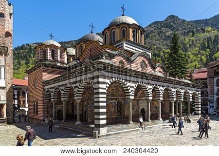 Rila Monastery, Bulgaria - April 21, 2018: Tourists Visiting Monastery Of Saint Ivan (john) Of Rila 