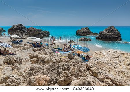 Megali Petra Beach, Lefkada, Greece - July 16, 2014: Panoramic View Of Blue Waters Of Megali Petra B