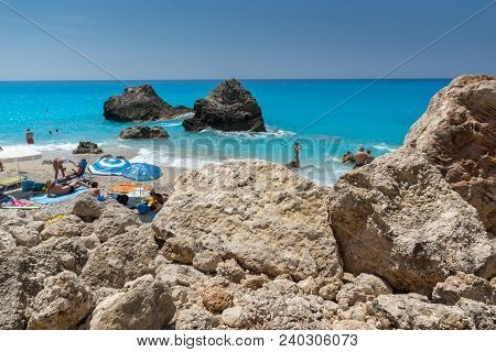 Megali Petra Beach, Lefkada, Greece - July 16, 2014: Panoramic View Of Blue Waters Of Megali Petra B