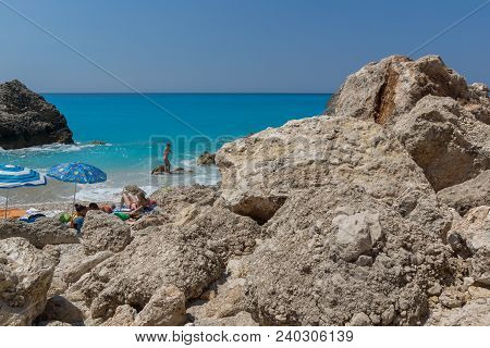 Megali Petra Beach, Lefkada, Greece - July 16, 2014: Panoramic View Of Blue Waters Of Megali Petra B