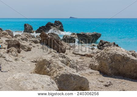 Megali Petra Beach, Lefkada, Greece - July 16, 2014: Panoramic View Of Blue Waters Of Megali Petra B