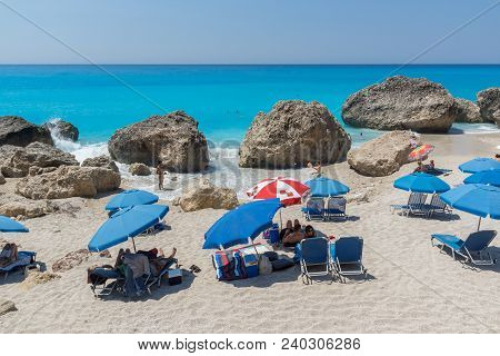 Megali Petra Beach, Lefkada, Greece - July 16, 2014: Panoramic View Of Blue Waters Of Megali Petra B