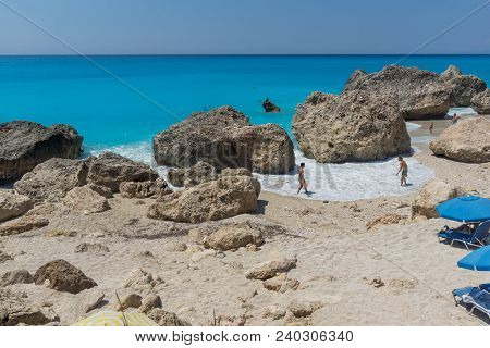 Megali Petra Beach, Lefkada, Greece - July 16, 2014: Panoramic View Of Blue Waters Of Megali Petra B