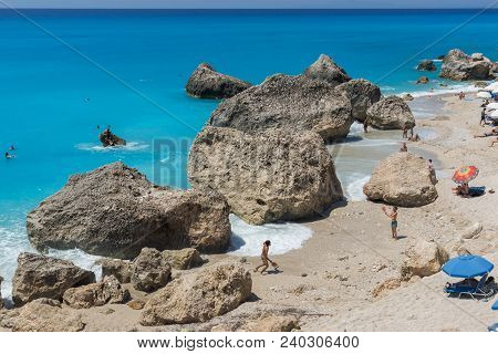 Megali Petra Beach, Lefkada, Greece - July 16, 2014: Panoramic View Of Blue Waters Of Megali Petra B