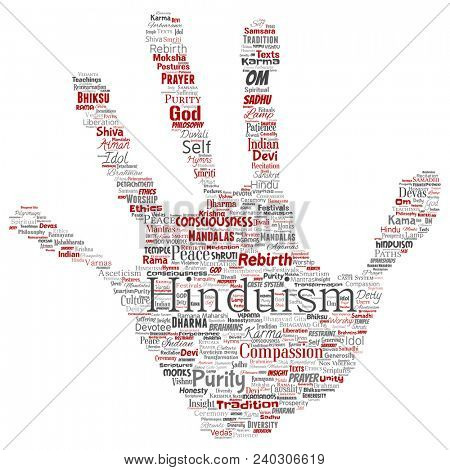 Conceptual hinduism, shiva, rama, yoga hand print stamp word cloud isolated background. Collage of mandalas, samsara, celebration, tradition, peace, compassion, rebirth, karma, dharma concept