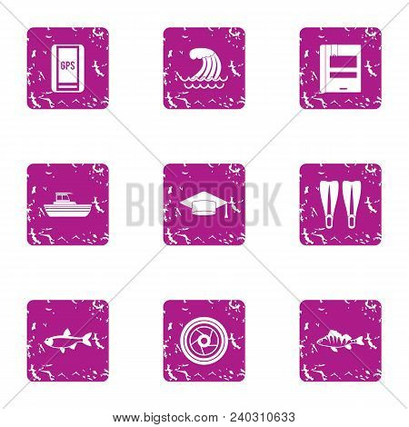 Beach Navigation Icons Set. Grunge Set Of 9 Beach Navigation Vector Icons For Web Isolated On White 