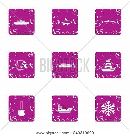 Sea Beach Icons Set. Grunge Set Of 9 Sea Beach Vector Icons For Web Isolated On White Background