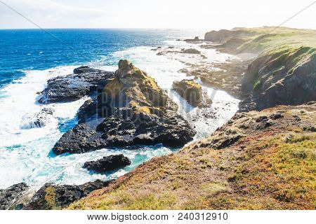 View From Southpoint Lookout To Rock In The Ocean With Strong Waves At The Nobbies, Phillip Island, 