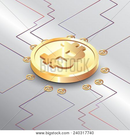 Bitcoin Concept Vector Illustration Of Golden Bitcoin Digital Currency On Circuit Board, Futuristic 