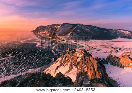Beautiful Sunrise Over Baikal Olkhon Russia Water Lake Aerial View, Natural Landscape Background