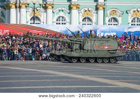Saint Petersburg, Russia - May 06, 2018: Two Self-propelled Artillery Mounts 