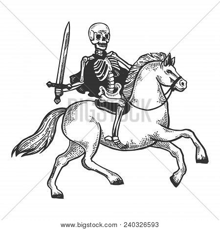 Skeleton Warrior With Sword Ride Horse Engraving Vector Illustration. Scratch Board Style Imitation.