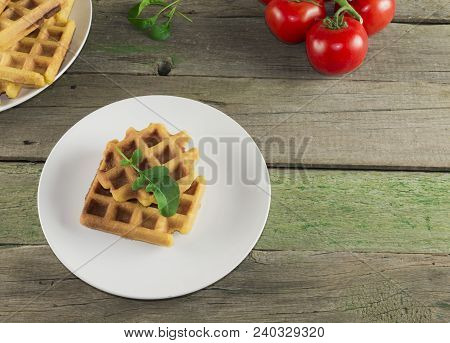 Waffles With Vegetables On A Wooden Frie Close Up, Breakfast