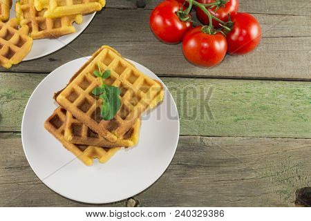 Waffles With Vegetables On A Wooden Frie Close Up, Breakfast