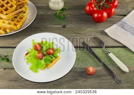 Waffles With Vegetables On A Wooden Frie Close Up, Breakfast