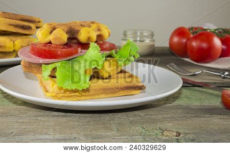 Waffles With Vegetables On A Wooden Frie Close Up, Breakfast
