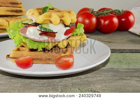 Waffles With Vegetables On A Wooden Frie Close Up, Breakfast