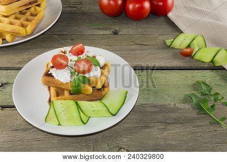 Waffles With Vegetables On A Wooden Frie Close Up, Breakfast